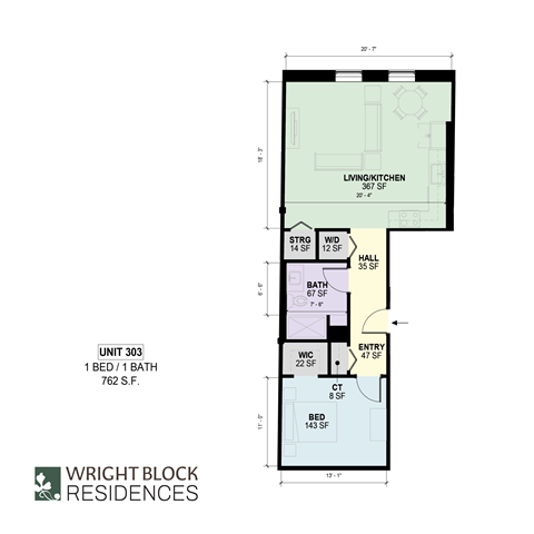 Floor plan for 1 bed, 1 bath, 762 sqft